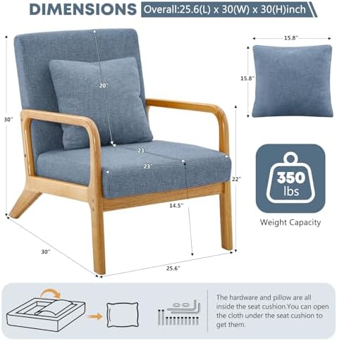 ELUCHANG Mid-Century Modern Accent Chair with Lumbar Pillow,Upholstered Armchair,Linen Fabric Comfy Reading Lounge Side Chair for Living Room Bedroom Apartment,Easy Assembly