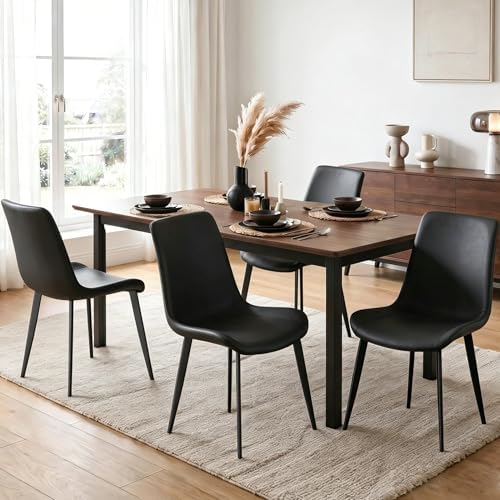 Black Dining Chairs Set of 8, Mid Century Modern Faux Leather Kitchen Chairs, Comfy Upholstered Dinner Chairs with Durable Metal Legs for Dinning Room Living Room Kitchen, Black