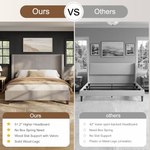 HOWE King Size Bed Frame with 50.8 Inch Corduroy Wingback Headboard, Taupe