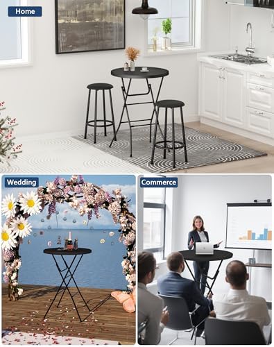 Round Folding Table, 32" Bar Height Tables for Parties and Commercial Events, Portable Plastic Table w/Thick Table Top, Metal Frame, Locking Legs, Indoor Outdoor Accessory, 2 Pack, Black