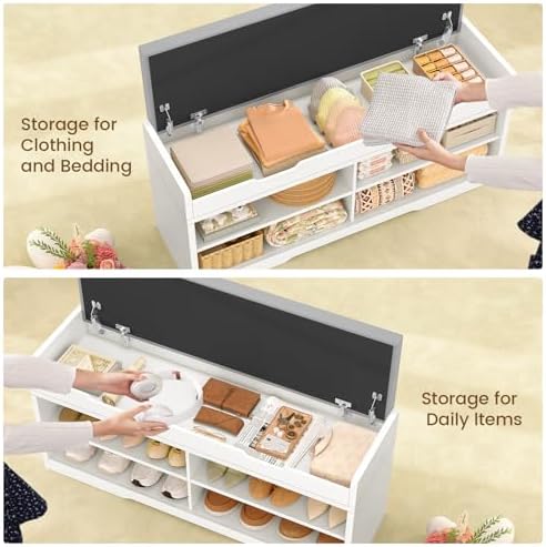 3-Tier Storage Bench, 47.2" Wide Shoe Bench with Lift Top Storage & 2 Adjustable Shelves, Entryway Bench with Padded Seat Cushion, Shoe Cabinet Bench for Entryway, Living Room, Bedroom (White)