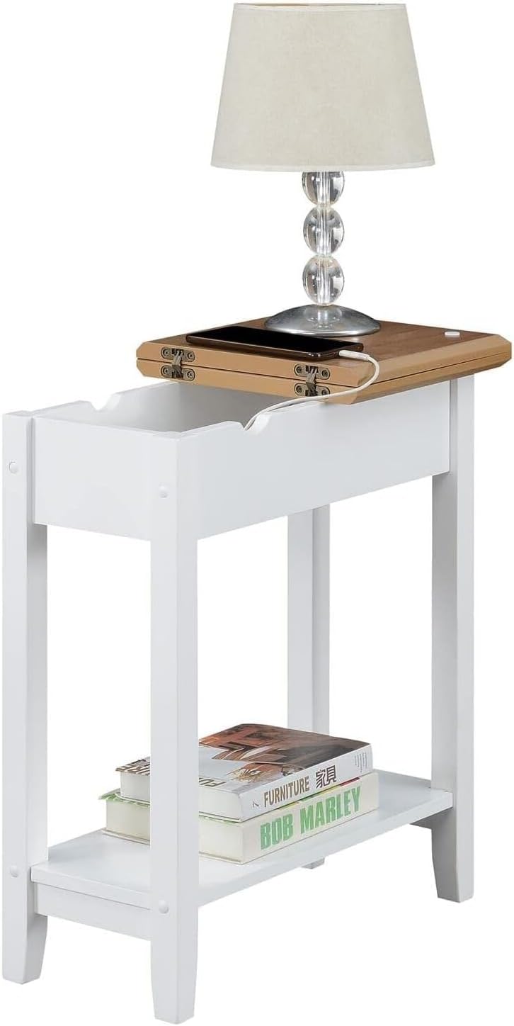 HomeStock Cool Flip Top End Table with Charging Station, 23-in x11-In x24-In, Driftwood/White, Hidden Storage, USB & Power Outlets, Stylish & Functional for Any Space