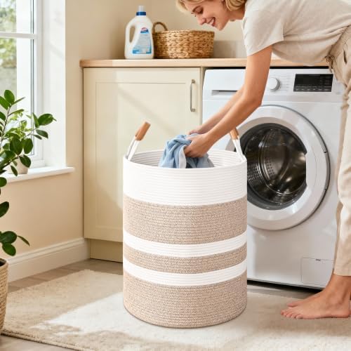 Large Laundry Basket, Laundry Hamper with Leather Handles, 60L Woven Dirty Clothes Hamper, Rope Hampers for Bedroom, Barthroom, Brown