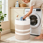 Large Laundry Basket, Laundry Hamper with Leather Handles, 60L Woven Dirty Clothes Hamper, Rope Hampers for Bedroom, Barthroom, Brown