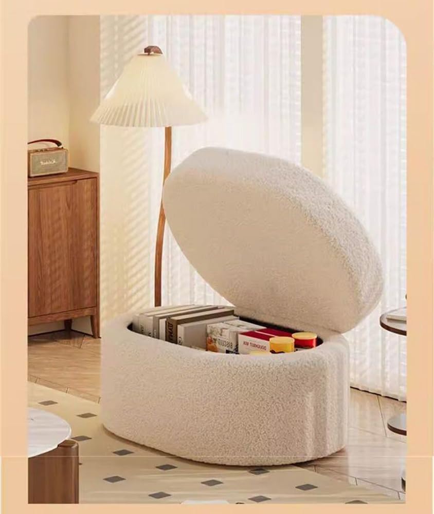 Oval Ottoman with Storage,Fleece Fabric Bed End Stool,Upholstered Padded Seat with Large Storage Space,Shoes Changing Stool for Entryway (Pink)