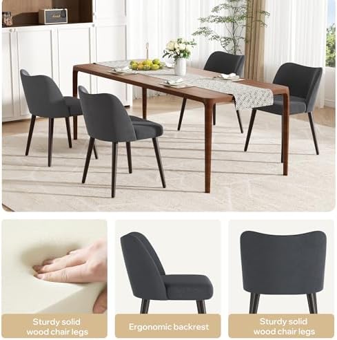 Modern Fabric Upholstered Dining Chairs Mid Century Farmhouse Dinner Chair with Padded Seat and Wood Legs Kitchen Side Chair for Dining Room Restaurant Cafe Darkgrey Set of 2