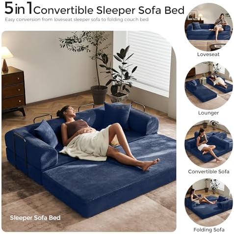 79" Convertible Futon Sofa Bed, Couch for Living Room | Blue | Folding Corduroy Sleeper Sofa, Modular Futon Couch with Fixed-Shape Frame, Pull Out Couch No Assembly