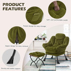 Lazy Chair with Folding Ottoman,Leisure Sofa Chair,Soft Fabric Armchair with Armrests and Side Pockets, Reading Chair with Footrest for Living Room, Bedroom, Office (Plush Green)