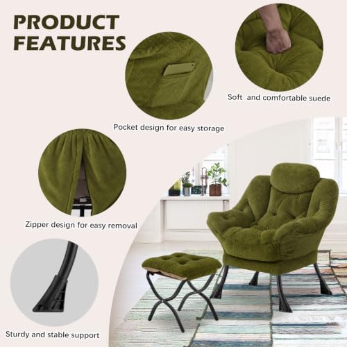 Lazy Chair with Folding Ottoman,Leisure Sofa Chair,Soft Fabric Armchair with Armrests and Side Pockets, Reading Chair with Footrest for Living Room, Bedroom, Office (Plush Green)