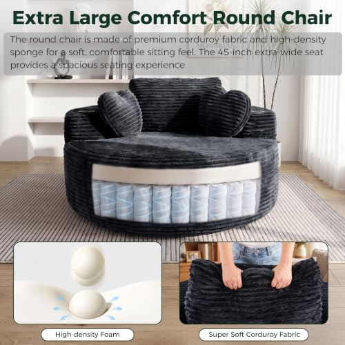 56''Oversized Round Chair Lounge Chaise Indoor with Cup Holders & Side Pocket, Corduroy Cloud Circle Single Deep Seat Chair, Modern Comfy Floor Sofa with Heart Pillows for Living Room,Bedroom