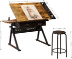 Height Adjustable Drafting Table Drawing Table Artist Desk Tilting Tabletop Art Craft Desk with 2 Storage Drawers and Stool, Art Craft Desk for Artist Painters Drawing Painting (Brown+Black)