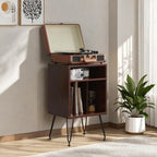FONTOI Record Player Stand with Storage Space, Turntable Stand Record Player Cabinet with Adjustable Feet, End Table with Metal Legs for Living Room, Bedroom, Brown