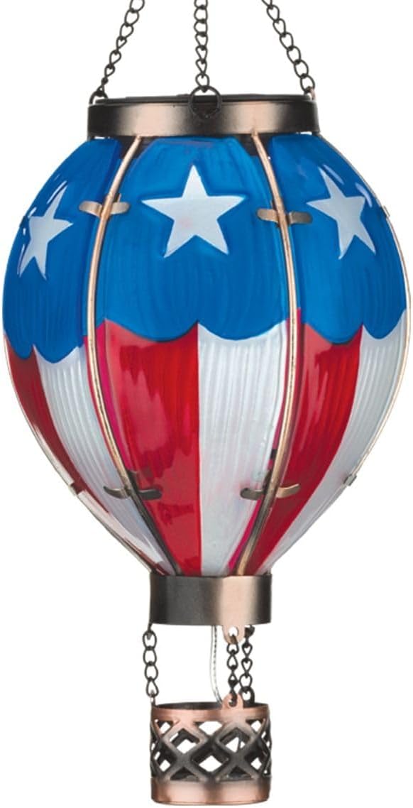 Regal Art & Gift Hot Air Balloon Solar Lantern – Hanging Solar-Powered LED Lights, Waterproof Portable Decorative Outdoor Lamp Made of Metal & Glass for Garden, Patios & Pathway – Americana (Small)