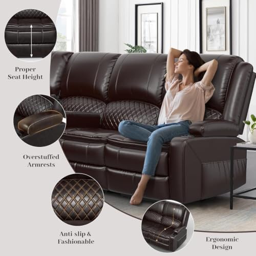 Upgraded 5 Seater Reclining Sofa Set, Modern Living Room Couch (Pu,Brown) | Home Theater Seating with Removable Console, Recliner Sectional Couch with Storage, Reclining Sectional Couch Set with USB