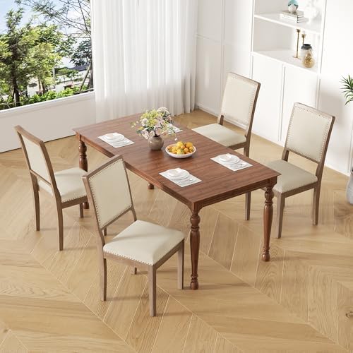 Dining Chair Set of 6, Mid Century Modern Upholstered Dining Room Chairs, Fabric High Back Kitchen Chairs with Nailhead Trim and Wood Legs for Living Room Kitchen Restaurant, Beige