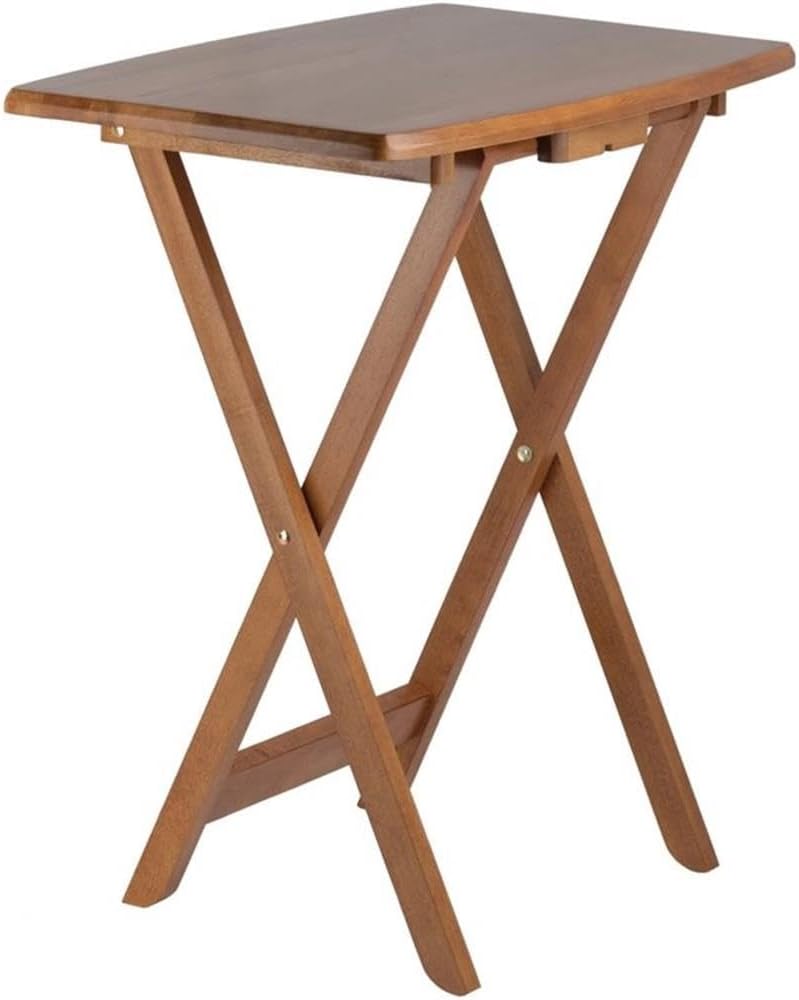 Pemberly Row 24" W x 12" D Transitional Oversized Solid Wood Snack Table Set with Storage Stand, Curved Sides, Rounded Corners, X-Frame Bases, No Assembly Required, in Brown Finish (Set of 5)