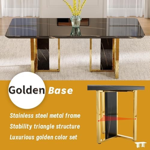 79" Black Dining Table Set for 8,Modern Luxury Dining Table Set with Chrome Gold Legs, Faux Marble Kitchen Table with 8 Black Gold Chairs for Kitchen and Dining Room