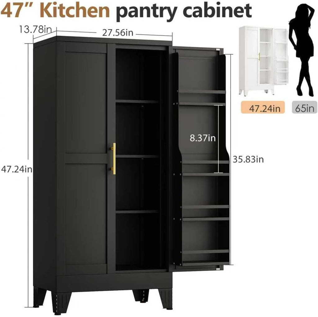 PAOFIN 47" Kitchen Pantry Cabinet, Metal Storage Cabinet with 3 Adjustable Layer Shelves, 8 Door Shelves, Buffet Sideboard for Living Room, Kitchen, Black