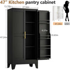 PAOFIN 47" Kitchen Pantry Cabinet, Metal Storage Cabinet with 3 Adjustable Layer Shelves, 8 Door Shelves, Buffet Sideboard for Living Room, Kitchen, Black