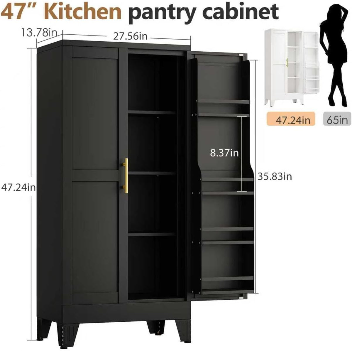 PAOFIN 47" Kitchen Pantry Cabinet, Metal Storage Cabinet with 3 Adjustable Layer Shelves, 8 Door Shelves, Buffet Sideboard for Living Room, Kitchen, Black