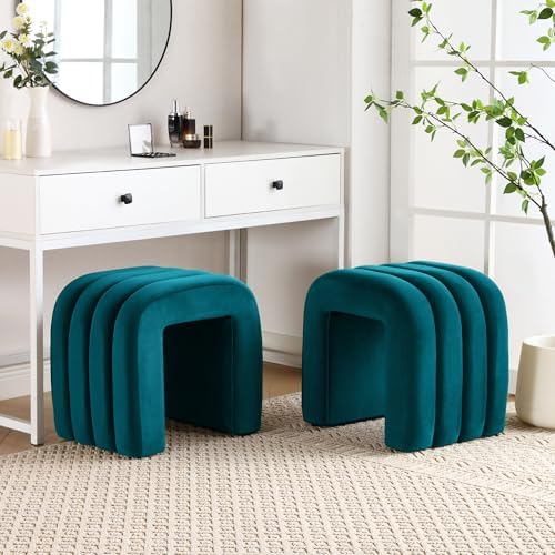 Flouki Velvet Ottoman Stools, Multifunctional Arch Ottomans, Makeup Vanity Stools, Ottomans for Bedroom, Dorm, Side Table Seat for Living Room, Entryway (Teal)