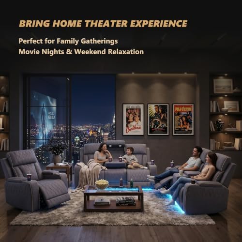 Power Reclining Sofa Set with USB Charging/LED, Blueish Grey Leather Recliner Couch with Cup Holders/Storage Console, 3 Pieces Home Theater Furniture for Living Room/Apartment/Office