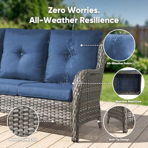 Belord Patio Sofa Luxury PE Wicker 3-Seater Outdoor Couch, Modern All-Weather High Back Deep Seat Woven Furniture Set for Porch, Deck, Balcony, Backyard - Grey/Blue