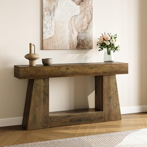 LITTLE TREE 63" Farmhouse Console Table with Storage, Rustic Sofa Table for Entryway, Narrow Long Sofa Table Behind Couch, Console Table for Living Room, Hallway—Versatile Storage Solution, Oak