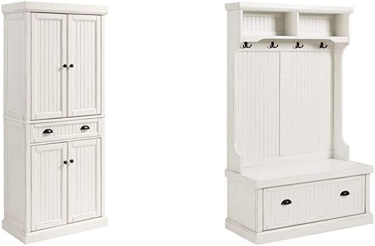 Crosley Furniture Seaside Kitchen Storage Bundle - Pantry Cabinet and Hall Tree Bench
