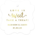 Andaz Press Personalized Fancy Frame Square Wedding Gift Tags, Metallic Gold Ink, Love is Sweet Take a Treat, 24-Pack, Custom Made Any Name, Gold Party Supplies