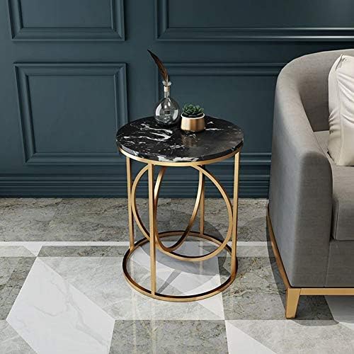 Telephone Table, Marble Side Table Round Coffee Table Telephone Table for Living Room Bedroom,Golden Wrought Iron Base,40x60CM (Color:Black)