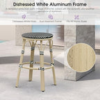 PURPLE LEAF Bar Stools 29" Round French Set of 2 Backless, Black | White Finish, Fade-Resistant Rattan Weave, Weather-Resistant Aluminum, Rustproof, Stackable Design, Wipe-Clean, No Assembly