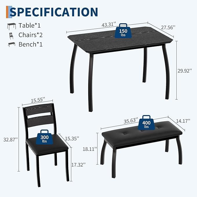 IDEALHOUSE 43'' Dining Table Set for 4, Wooden Kitchen Table with Upholstered Bench & 2 Cushion Chairs, Industrial Dinette Set for Studio, Kitchen, Dining Room, Apartment, Black