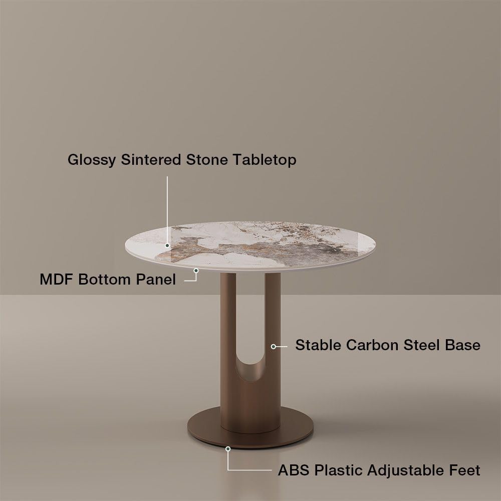 POVISON Round Dining Table, 35" Modern Sintered Stone Kitchen Table for 2 with Stable Carbon Steel Base, Pandora Small Circle Dining Room Tables for Kitchen, Living Room, Bistro(Table Only)