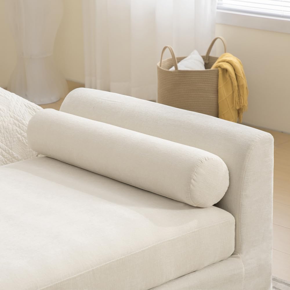 88.58" Chenille End of Bed Bench Chaise Lounge, Upholstered Bedroom Bench with Armrests & Bolster Pillows, PVC Legs for Living Room Entryway Apartment Dorm (88.58", Beige)
