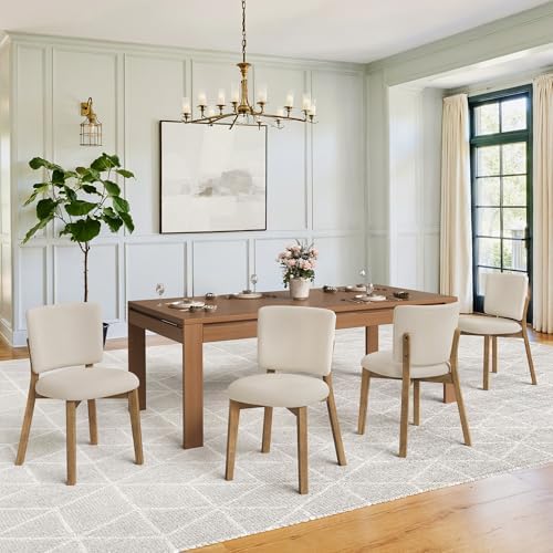 LUE BONA Linen Farmhouse Dining Chairs Set of 4, Natural Wood Leg | Comfortable Wide back with thick foam padded and Solid wood legs for dining room, kitchen or restaurant