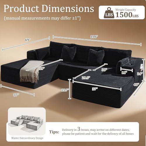 108" Oversized Cloud Sectional Couch, Comfort U Shaped Couch for Living Room, Extra Deep Seats No Assembly, Modular Sofa, Corduroy (Black, 2 Seater + Left Facing Chaise + Ottoman)