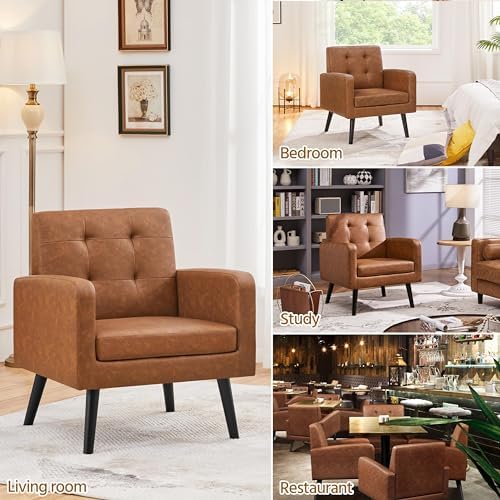 Yaheetech Mid Century Accent Chairs Set of 2 Living Room Chairs Retro Brown | Faux Leather Upholstered Sillones Para Sala, Modern Reading Nook Chairs, Button Tufted Back, Rubberwood Legs, Bedroom Office