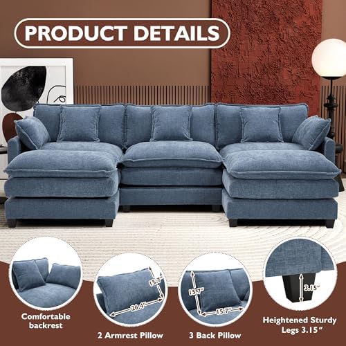 Ihanherry 111.4" U Shaped Modern Sofa Modular Sectional Cloud Couch with 2 Ottoman, 5-Seat Chenille Deep Seat Sofa with Pillow for Living Room, Bedroom and Apartment, Blue