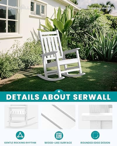 SERWALL Outdoor Rocking Chair Set of 2, Adult HDPE Rocking Chair, White | 21.1" Widened Seat adds Extra Comfort, Oversized Rocking Chair for Adults, All Weather Porch Rocker for Lawn Garden