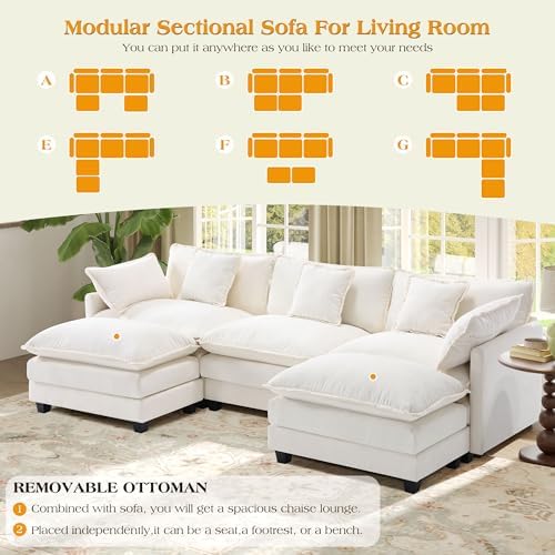 Hanherry Modular Sectional Sofa,Cloud Couch for Living Room,Modern Deep Seat Sofa Chenille Fabric Comfy Couches with Throw Pillows & Movable Ottoman for Apartment