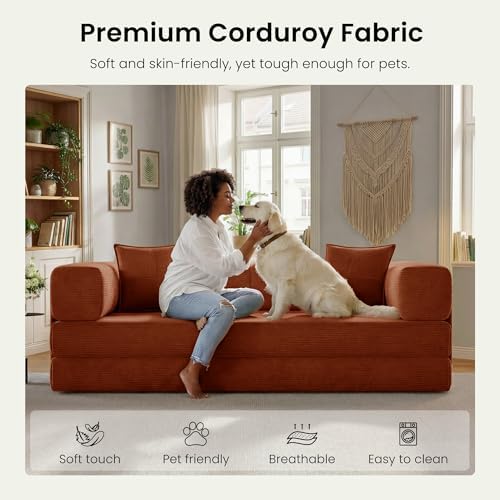 78.8" Convertible Futon Sofa Bed, Couch for Living Room | Corduroy Loveseat Sleeper Sofa, Modular Futon Couch with Storage Pocket, Pull Out Couch No Assembly | Rust Red