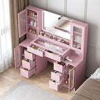 55" Vanity Desk with Mirror & Lights, Fluted Makeup Vanity with 8 Drawers & 4 Cabinets, Tempered Glass Top, RGB Cabinet Lighting, 3-Color Dimmable Mirror, and Charging Station