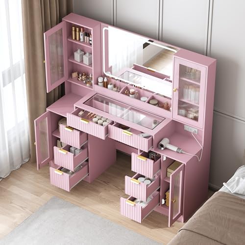 55" Vanity Desk with Mirror & Lights, Fluted Makeup Vanity with 8 Drawers & 4 Cabinets, Tempered Glass Top, RGB Cabinet Lighting, 3-Color Dimmable Mirror, and Charging Station