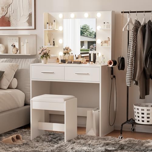 Furmax Makeup Vanity Desk with Mirror and Power Outlet, White | 3 Color Light Options Adjustable Brightness, 2 Drawers, 6 Storage Shelves, with Bench