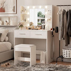 Furmax Makeup Vanity Desk with Mirror and Power Outlet, White | 3 Color Light Options Adjustable Brightness, 2 Drawers, 6 Storage Shelves, with Bench