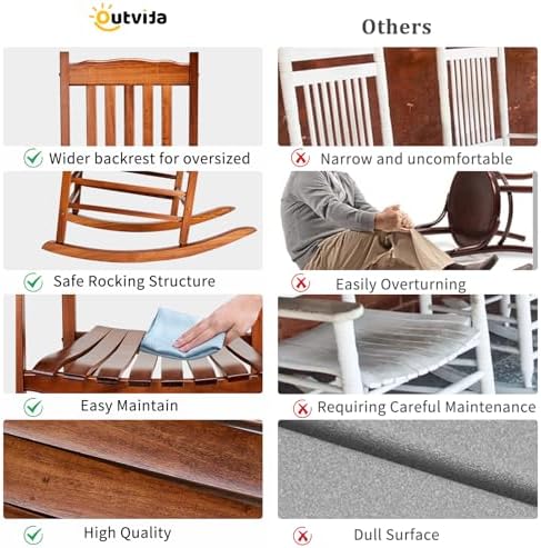 Outvita Outdoor Rocking Chair, Solid Wood High Back Rocker, Natural | All Weather Lounge Chair for Porch Patio Fire Pit Garden Backyard Deck Indoor, Wave Shape