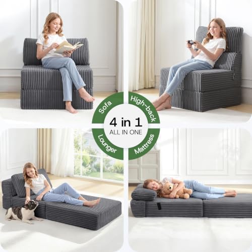 Convertible 4-in-1 Folding Sofa Bed Sleeper Chair Couch Foldable Chaise Lounger & Mattress Pocket Coils+Foam Fill Medium Support, No Assembly for Living Room/Bedroom, Single