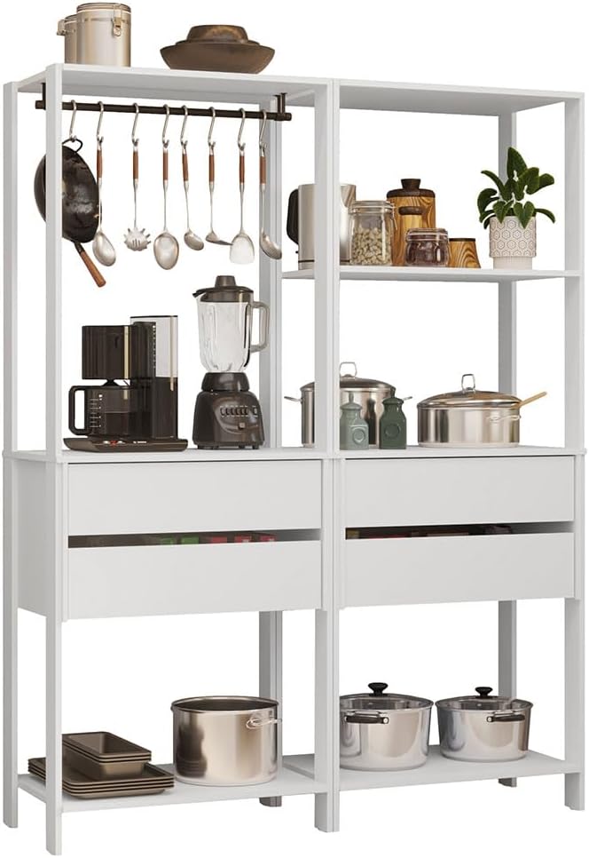 Madesa Kitchen Pantry Storage Rack with 4 Drawers, 5 Shelves and Hanging Space 55" L Multiuse Modular Cabinet for Kitchen Organization - White
