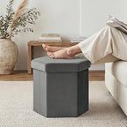 Hexagon Storage Ottoman, 15 Inch Foldable Footstool Charcoal Grey | Soft Velvet Upholstery, Hidden Storage, Compact Footrest, Small Accent Ottoman for Entryway, Living Room and Dorm